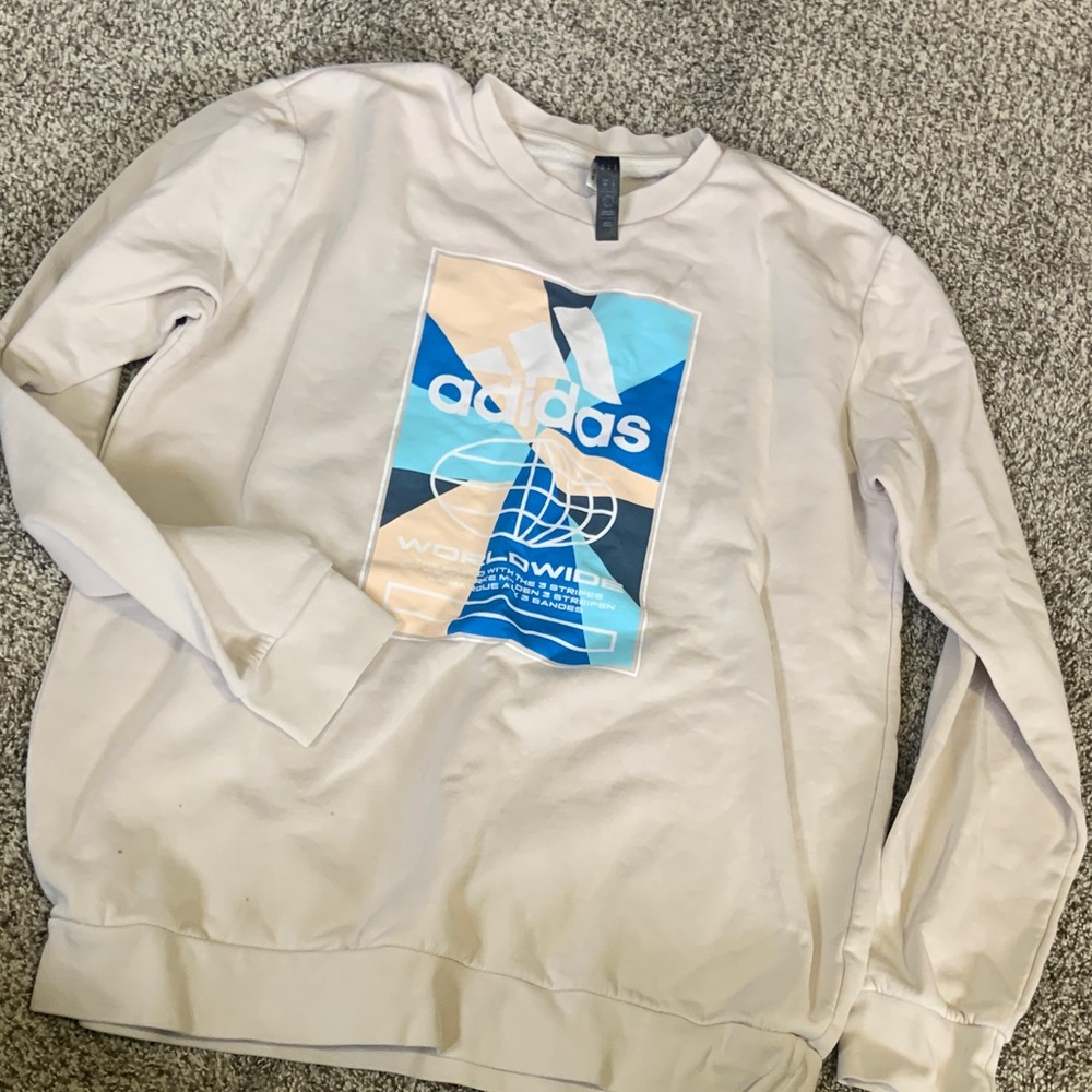 adidas Cream Crewneck Sweatshirt with Blue Graphic Panel
